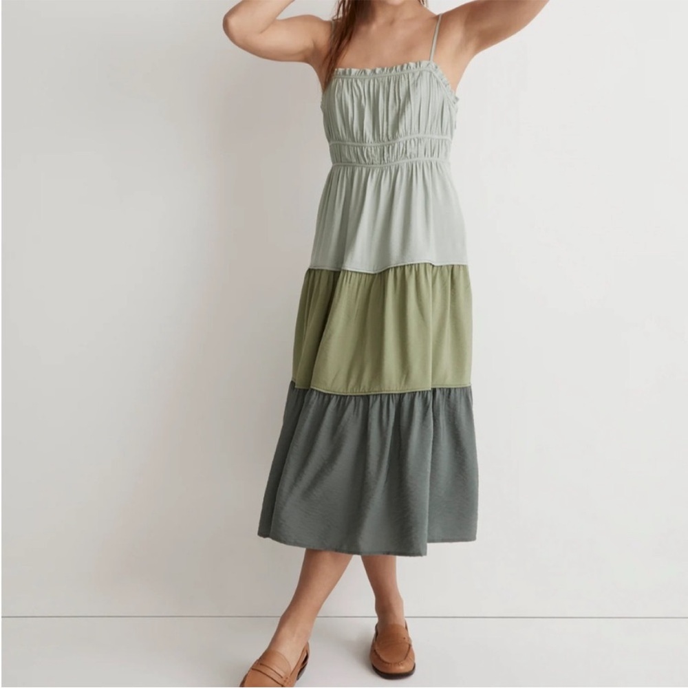 Madewell Sophia Cami Tiered Midi Dress in Colorblock (Pale Celadon - Size 2)